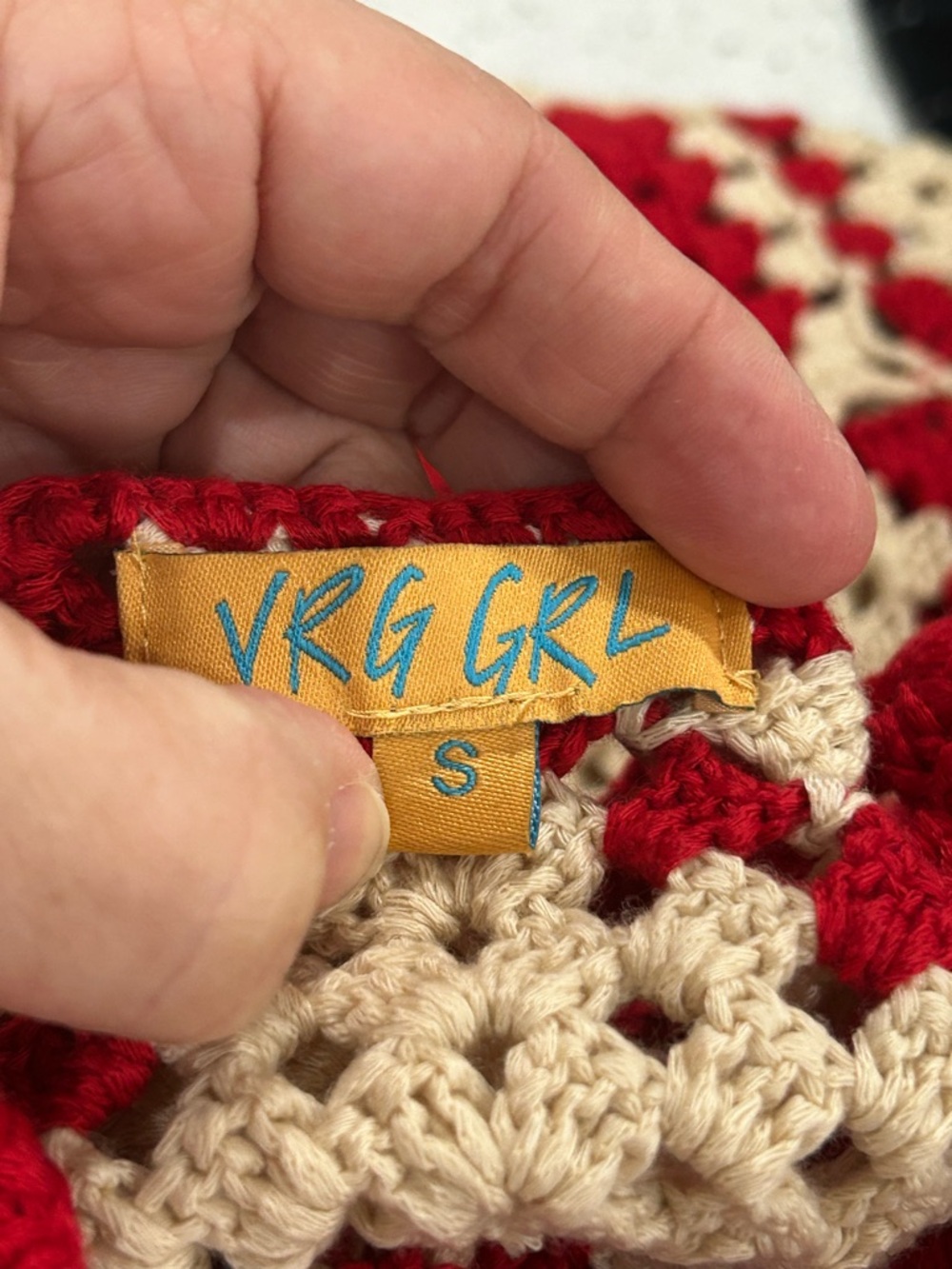 VRG GRL Verge Girl Joni Crochet Boho Maxi Dress Red Cream Granny Square - Small - Picture 9 of 13